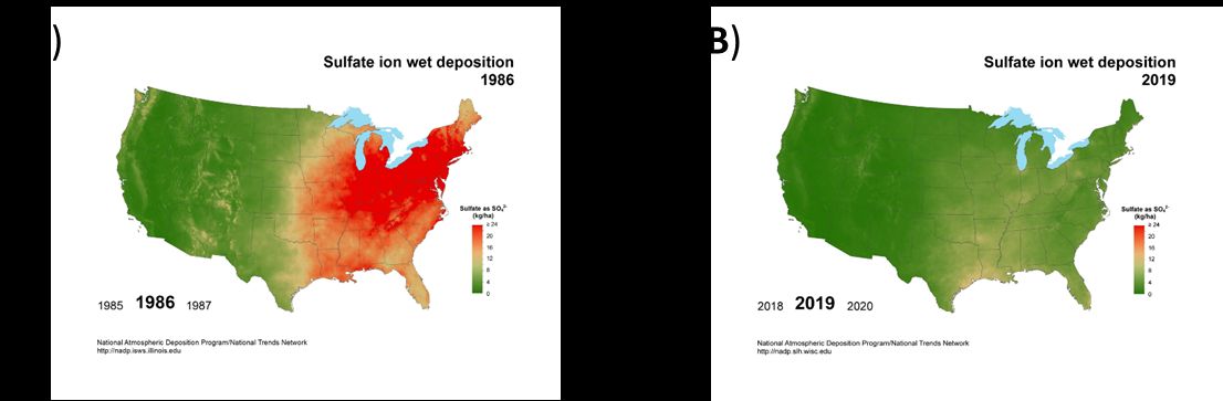 Sulfur deposition across the United States in: A) 1986; and B) 2019. 