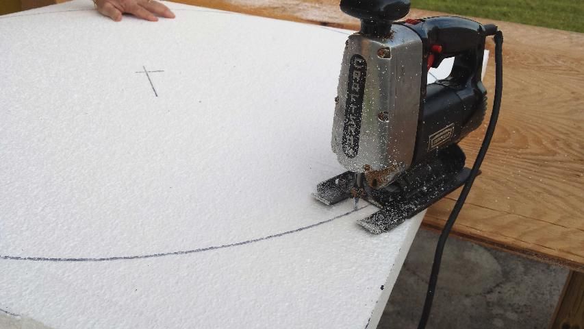 Figure 3. Use a jigsaw to cut along circle drawn on Styrofoam.