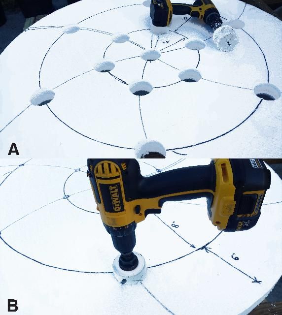 Figure 5. A) Hole saw on drill and B) pattern for plants.