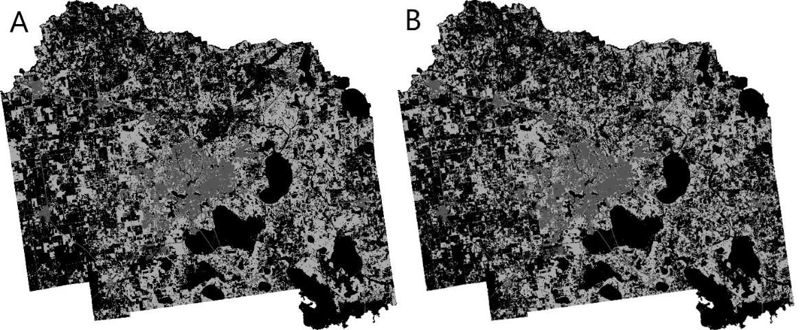 Figure 4. GeoTIFF version of urban and upland forest land cover map of Alachua County, FL in (A) 2001 and (B) 2011.