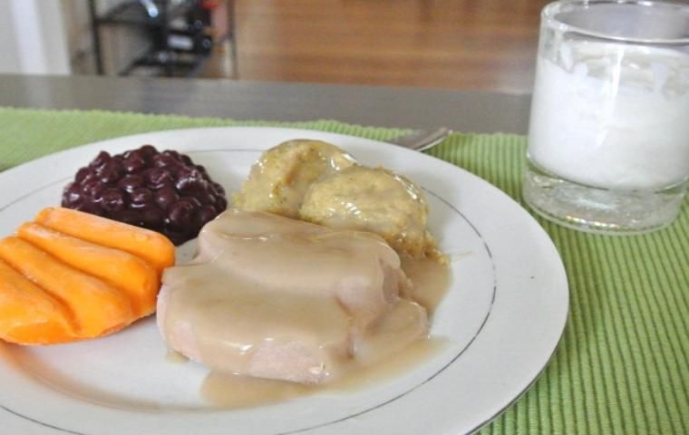 Figure 3. Meal of puréed food items, each molded separately to resemble the whole food item.