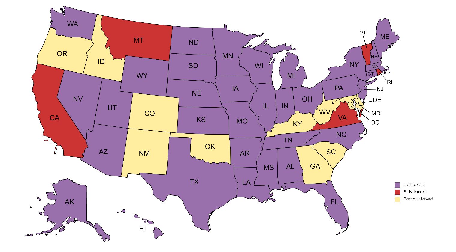 Map illustrating tax obligations by state across the United States.