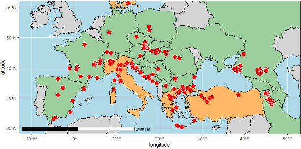 Point-based map of the current distribution of T. immigrans in Europe. GPS coordinate data was extracted from specimen records on www.antweb.org and from the Global Ant Biodiversity Informatics database (GABI; Guénard et al. 2017), which compiles ant distribution information from the literature and museum records. Countries considered part of the native range are green and countries considered part of the exotic range are orange.