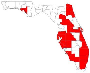 Figure 2. Tawny crazy ant, Nylanderia fulva (Mayr), distribution in Florida as of April 2014. Note: Recently confirmed infestation in Osceola County is not in the image.