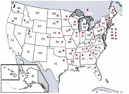 Figure 2. Distribution of bluegrass billbug, Sphenophorus parvulus Gyllenhal, in the United States. Red stars show the states where Sphenophorus parvulus had been reported.