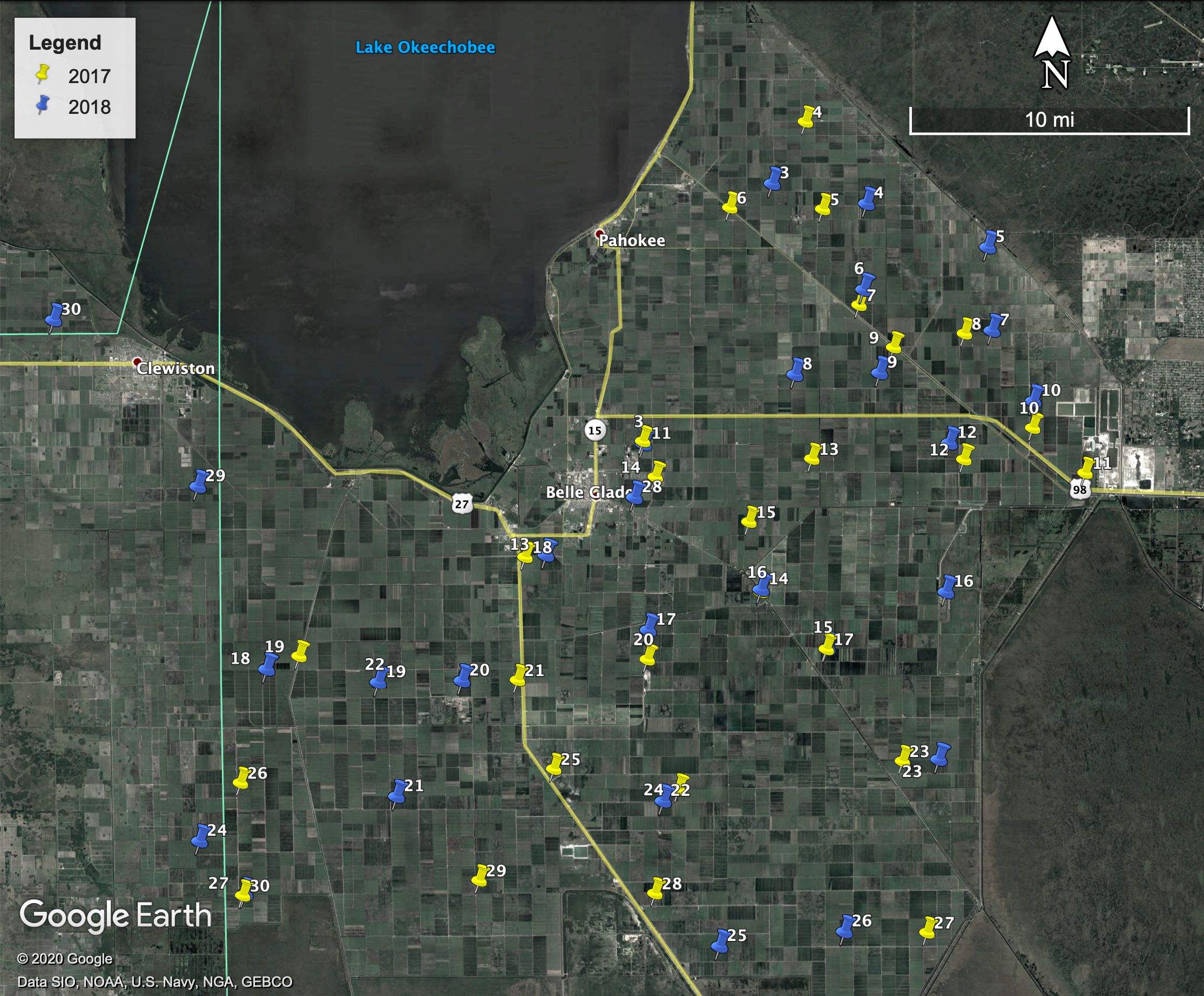 Locations of commercial rice fields where stem borer sampling was conducted in southern Florida in 2017 and 2018. 