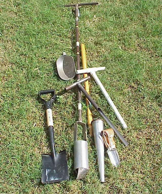 Figure 9. The collection of soil samples for nematode analysis can be acquired from the field using either cylindrical sampling tubes, trowels, bucket auger, or shovel.