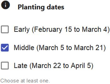 Planting dates feature: Multiple date ranges can be selected for planting. Date ranges change for each highlighted region of the state previously shown in Figure 3.