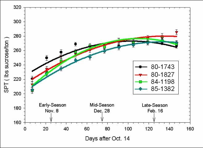 Figure 3. Sugar per ton (Y) versus harvest date (X) for CP clones 80-1743, 80-1827, 84-1198, and 85-1382.