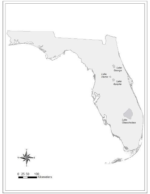 Figure 1. Map of Florida showing the location of the three study lakes. Lake Apopka also is shown as a point of reference because Lake Harris occurs in a chain of lakes that starts with flow from Apopka