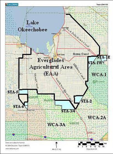 Figura 1. Mapa de el Area Agrícola de los Everglades (EAA) y las zonas alrededor de las Areas de Protección de los Everglades. Nota: STA= Area de Tratamiento de el Exceso de Aguas Lluvias; WCA= Area de Conservación de Agua.