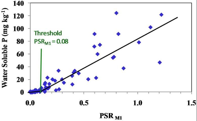 Figure 2. Relationship between the concentration of water-soluble P (WSP) and the P saturation ratio calculated from P, Fe, and Al in a Mehlich 1 extract (PSRM1) for manure-impacted spodic (Bh) horizons. Threshold PSR value is significant at the 0.001 probability level.