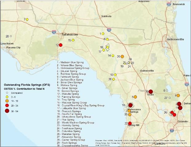 Figure 4. Locations of Outstanding Florida Springs and OSTDS % contributions of total N to groundwater for each springshed.