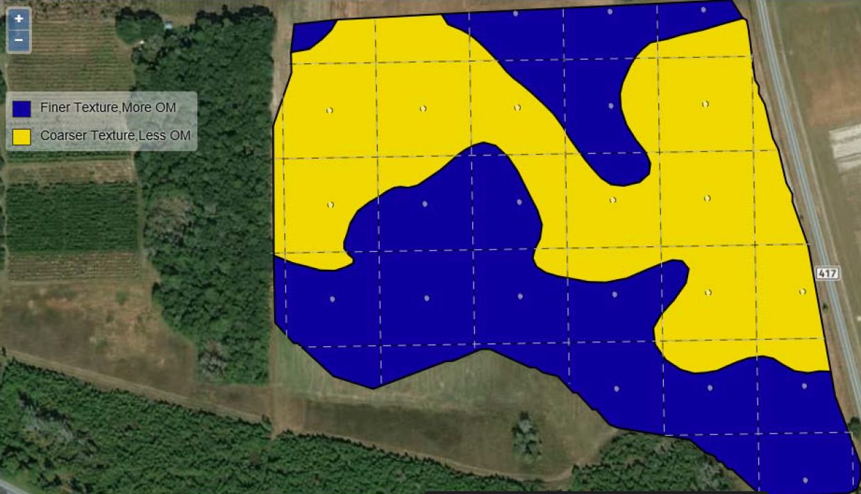 Organic matter (OM) variability across 50 acres of field in Live Oak.