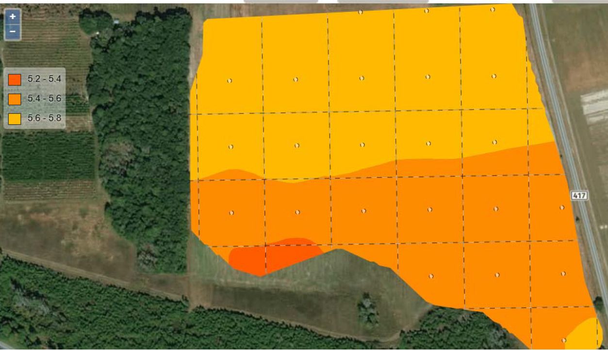 Soil pH variability across 50 acres of field in Live Oak.