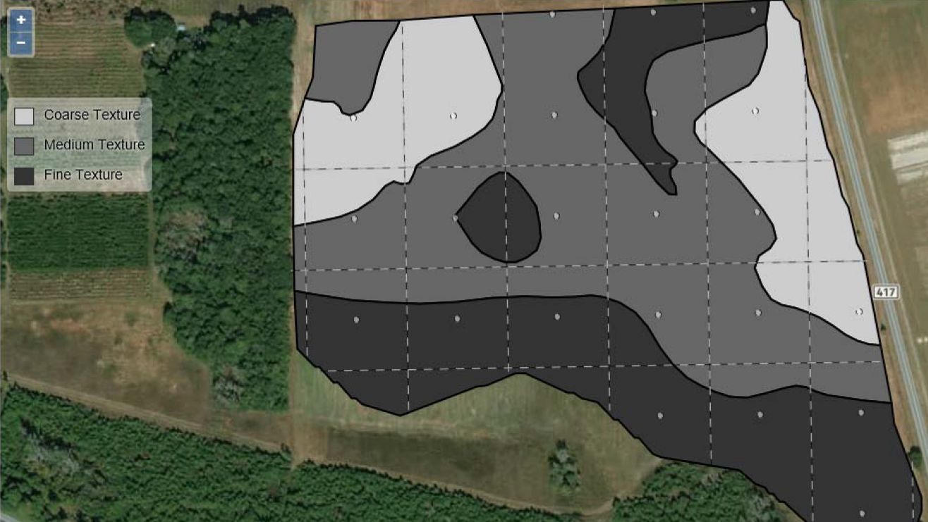 Soil texture variability across 50 acres of field in Live Oak.