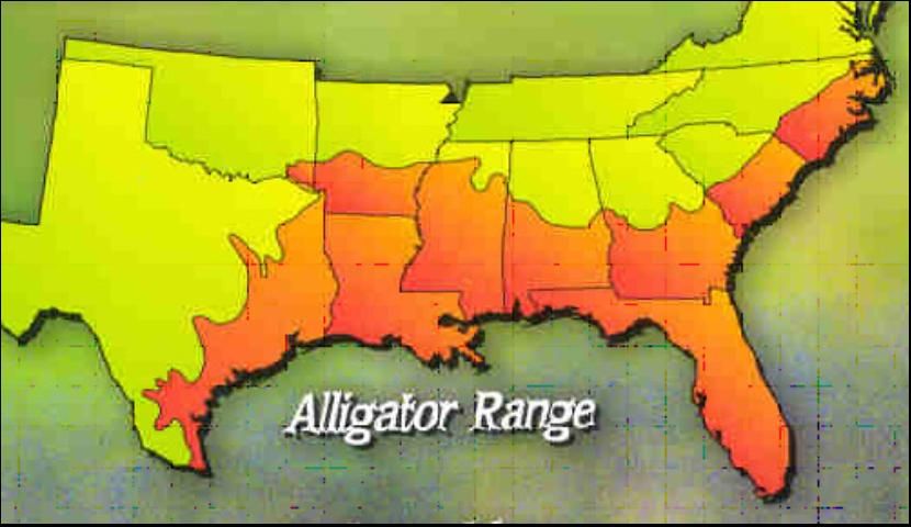 Figure 2. The range of the American alligator (where they occur) in the southeastern United States (see orange area, or darker shading, on map).