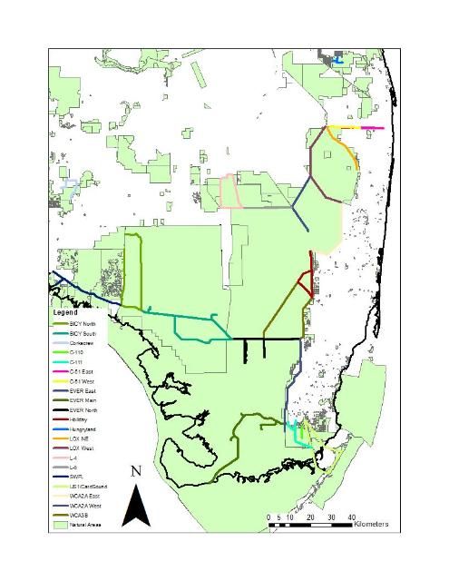 Figure 2. Map of EIRAMMP routes in south Florida with natural areas shaded in green.