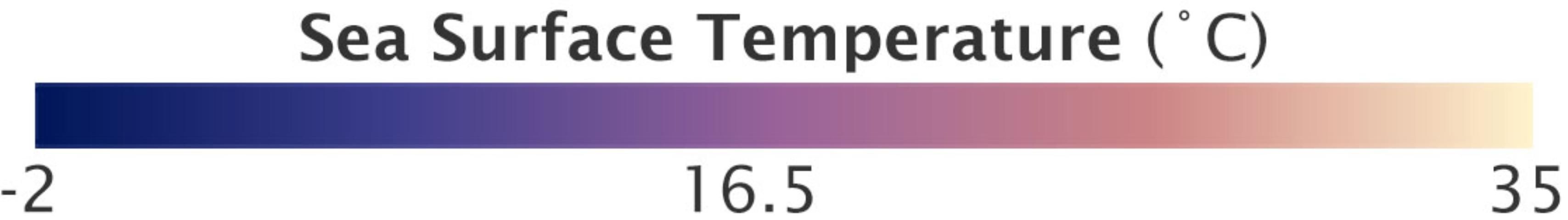 Figure 6. Image shows a continuous color scale with dark purple at left representing -2 degrees Celsius, changing at constant hue and saturation to the right, where pale yellow represents 35 degrees Celsius. The middle, 16.5 degrees, is shown in dark pink.