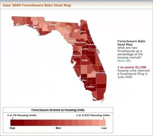 Figure 1. Image shows the June 2009 Foreclosure rate in Florida by country. Higher foreclosure rates are shown in dark red, with lower foreclosure rates in lighter shades of red with a continuous scale of saturation in a single hue.