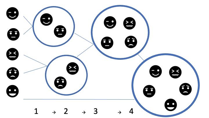 Graphical representation of hierarchical cluster analysis where faces indicate people (cases).